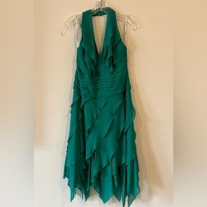 Tadashi Shoji green vintage halter neck dress with beautiful cascading ruffles